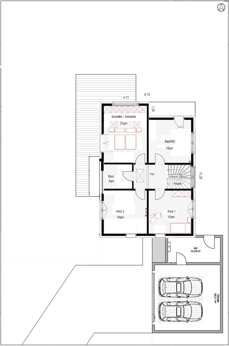 Grundriss eines Hauses: Schlafen/Ankleide, Bad, Büro, Kinderräume, Flur, Treppe, Garage.