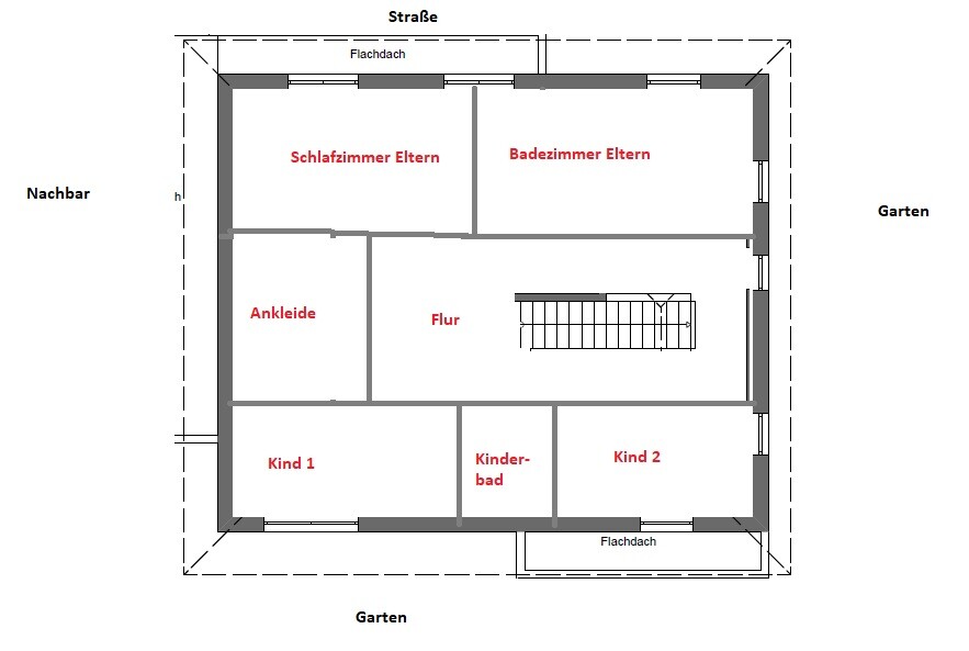 Grundriss eines Hauses: Elternschlafzimmer, Bad, Ankleide, Flur, Kind 1, Kind 2, Kinderbad, Treppe