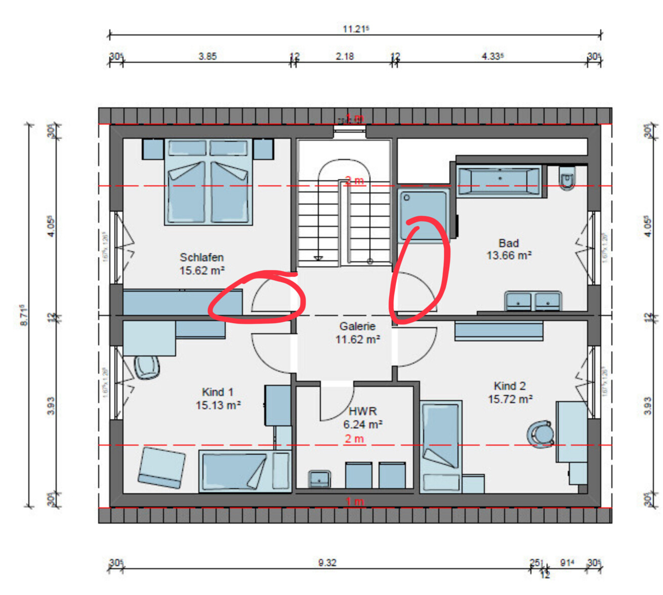 2D-Grundriss eines Mehrzimmer-Hauses mit Schlafzimmer, Bad und Kinderzimmer.