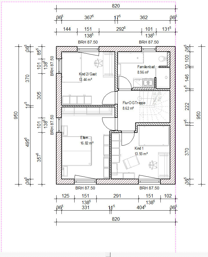 Grundriss Obergeschoss: Elternzimmer, zwei Kinderzimmer, Flur OG, Familienbad.