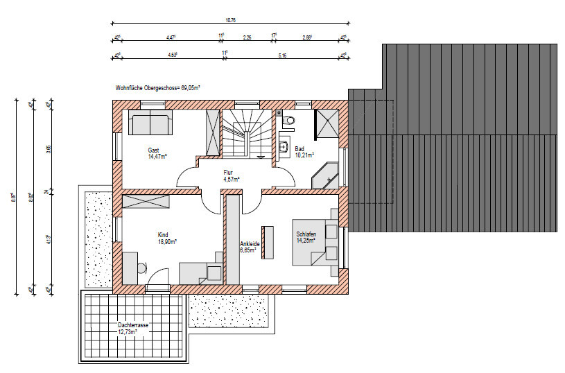 2D-Grundriss des Obergeschosses eines Hauses mit Flur, Schlafzimmer, Bad, Gast- und Kindzimmer
