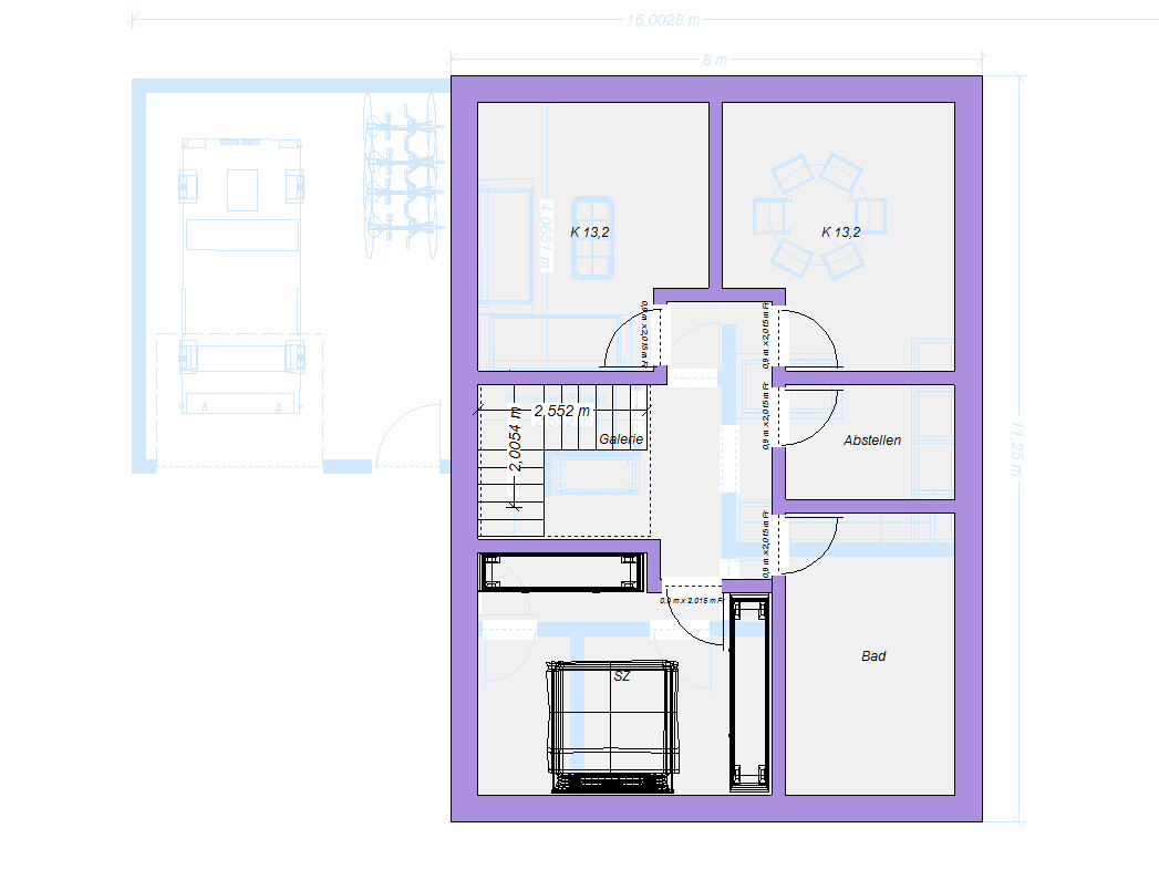 Grundriss eines Hauses: Bad, Abstellen, Schlafzimmer, Galerie und Essbereich; Außengarage mit Auto.