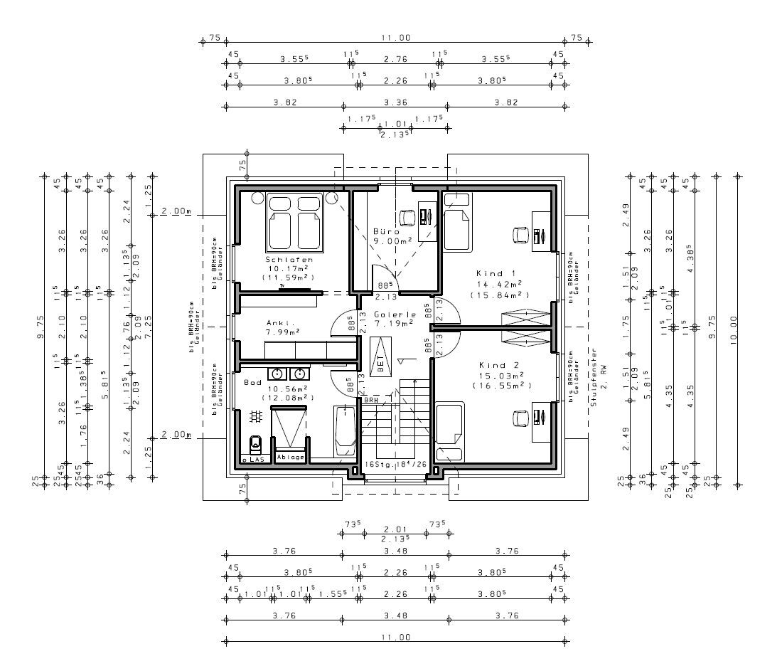 Grundrissplan eines Hauses, Obergeschoss mit Schlafzimmern und Kinderzimmern