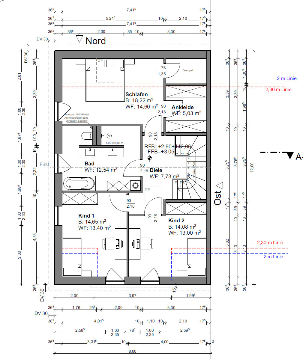 Grundriss eines Hauses im Obergeschoss mit Schlafzimmer, zwei Kinderzimmern, Bad und Diele