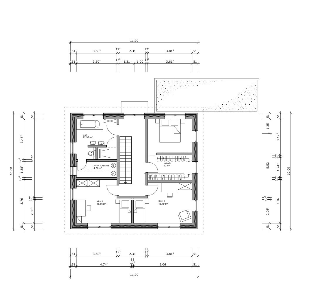 Grundriss eines Hauses mit Bad, Schlafzimmern, Flur und Terrasse (Obergeschoss)