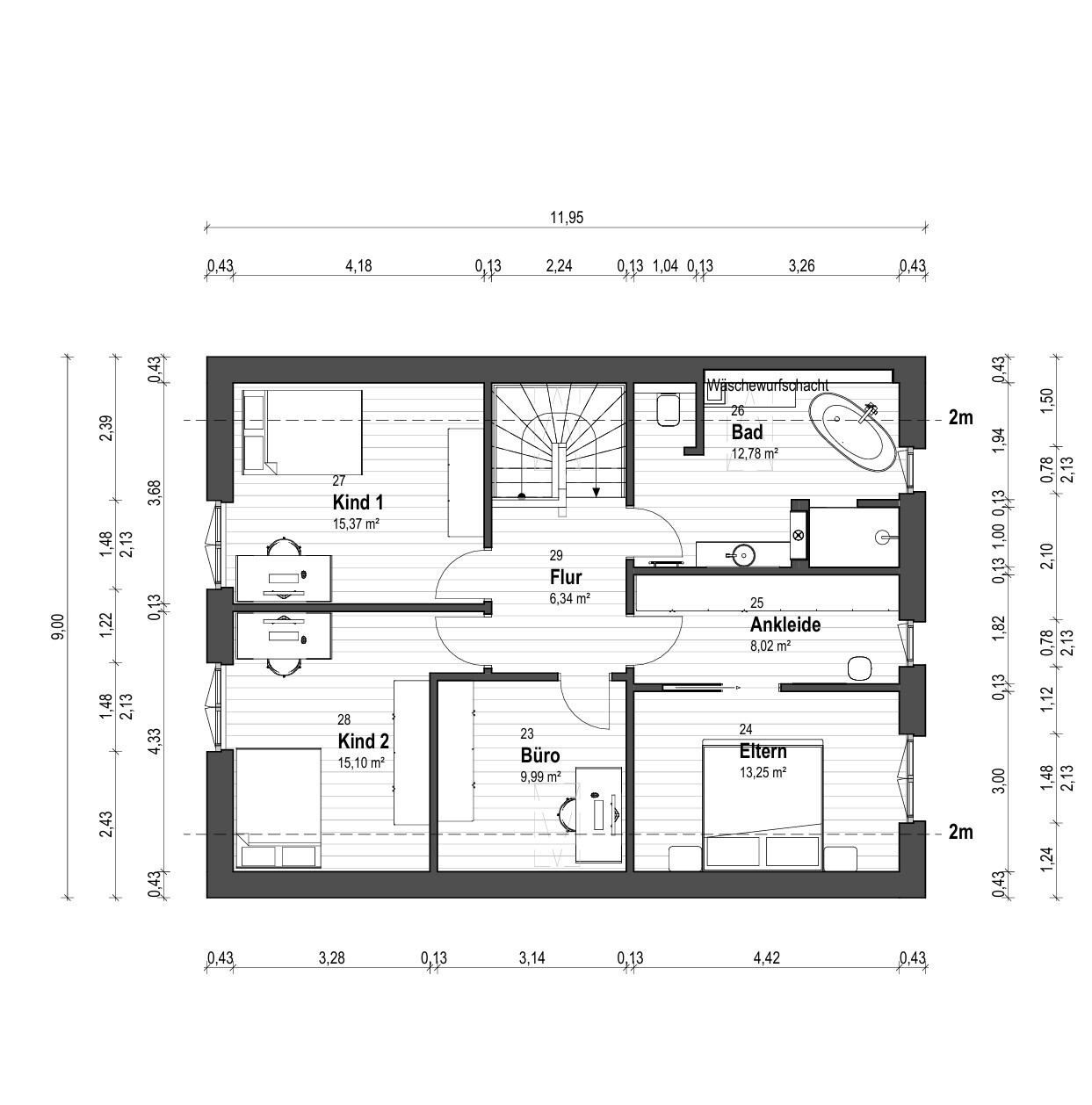 Grundrissplan eines Hauses mit Elternzimmer, zwei Kinderzimmern, Bad, Flur und Büro