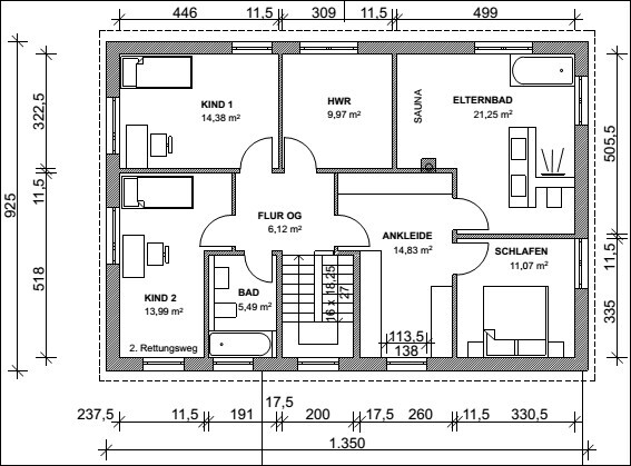 Grundriss eines Einfamilienhauses im Obergeschoss mit Flur, Schlafen, Ankleide, Kinderzimmern und Bad
