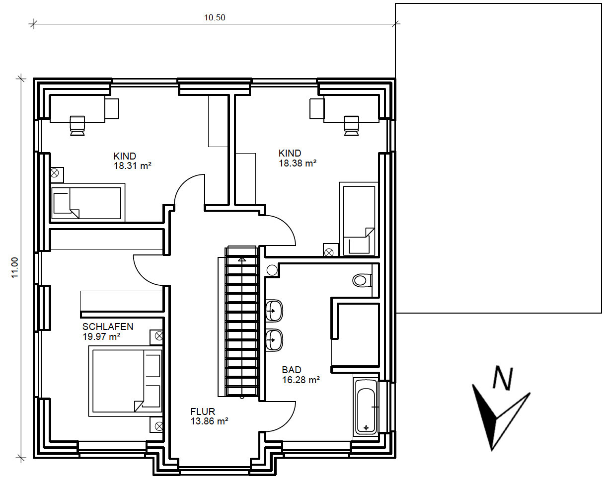 Grundriss eines Hauses: zwei Kinderzimmer, Schlafzimmer, Flur, Bad und Treppenhaus