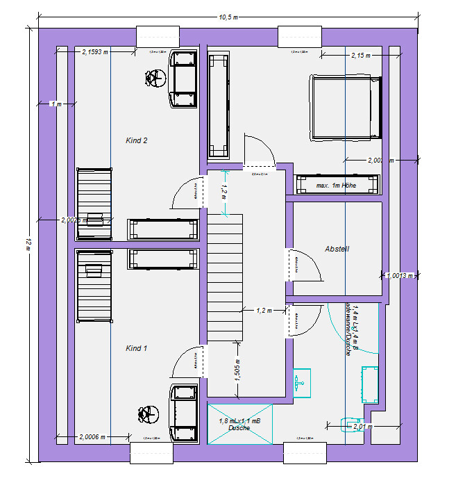 Grundriss eines Hauses mit zwei Kinderzimmer, Dusche, Abstellraum, Flur und Treppenaufgang.
