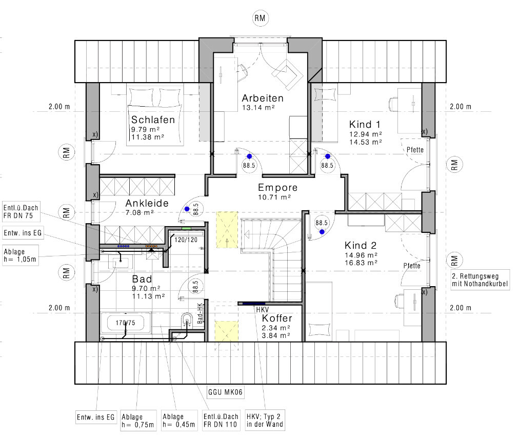 Grundriss des Obergeschosses mit Schlafzimmer Ankleide Bad Empore Arbeitszimmer zwei Kinderzimmer