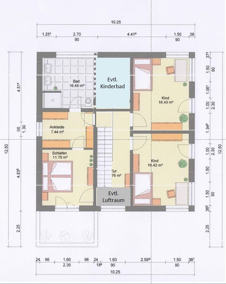 Grundriss eines Obergeschosses: Schlafzimmer, Ankleide, Bad, Flur, 2 Kinderräume, ggf. Kinderbad
