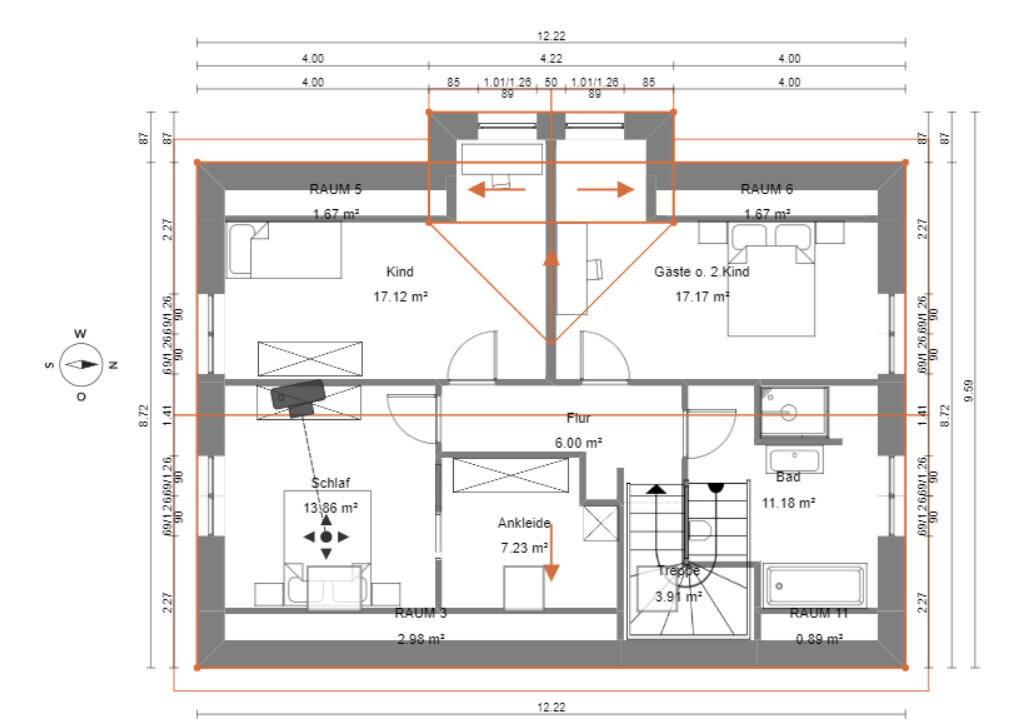 Grundriss Dachgeschoss: Flur, Schlafzimmer, Ankleide, Bad, Kind- und Gästezimmer; Treppe