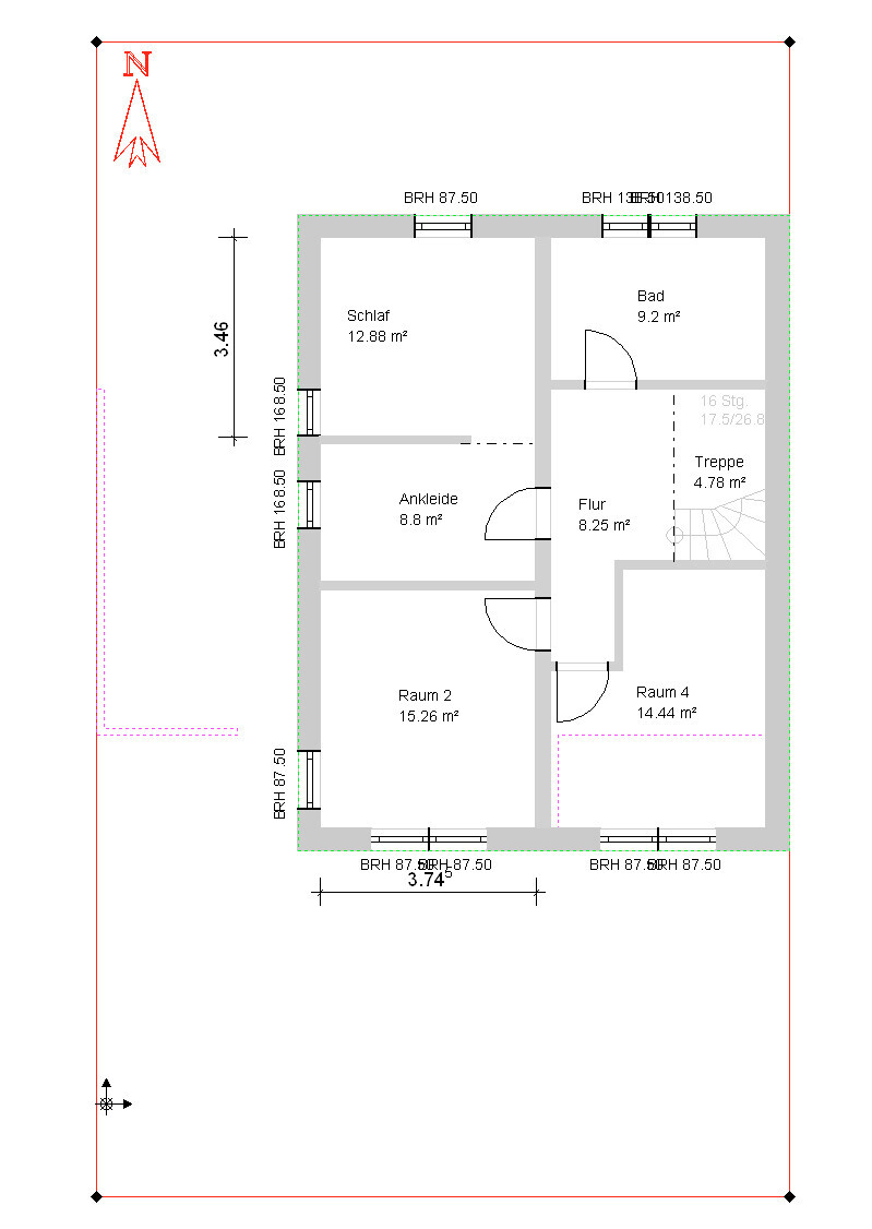 Grundriss eines Obergeschosses mit Schlafzimmer, Ankleide, Raum 2, Raum 4, Flur, Bad und Treppe.