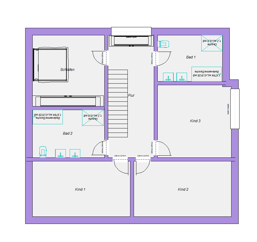 Grundriss des Obergeschosses: Flur, Treppe, Schlafzimmer, Bad 1-2, Kinderzimmer 1-3.