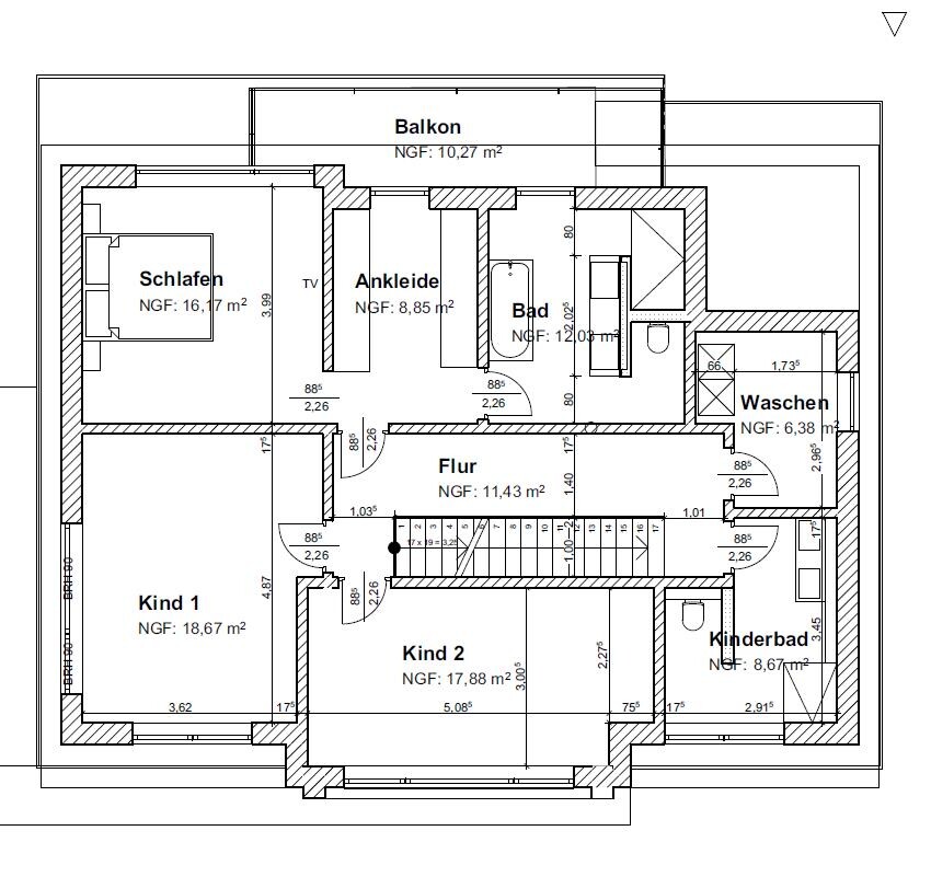 Grundriss eines Hauses: Schlafzimmer, Ankleide, Bad, Waschen, Flur, Kind 1, Kind 2, Kinderbad, Balkon