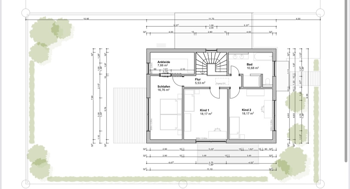 2D-Grundriss eines Hauses mit Schlafzimmer, zwei Kinderzimmern, Bad und Flur