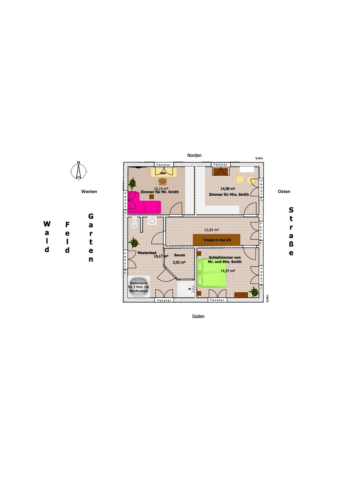 Grundriss eines Hauses mit drei Schlafzimmern, Masterbad, Sauna und Treppe ins UG.