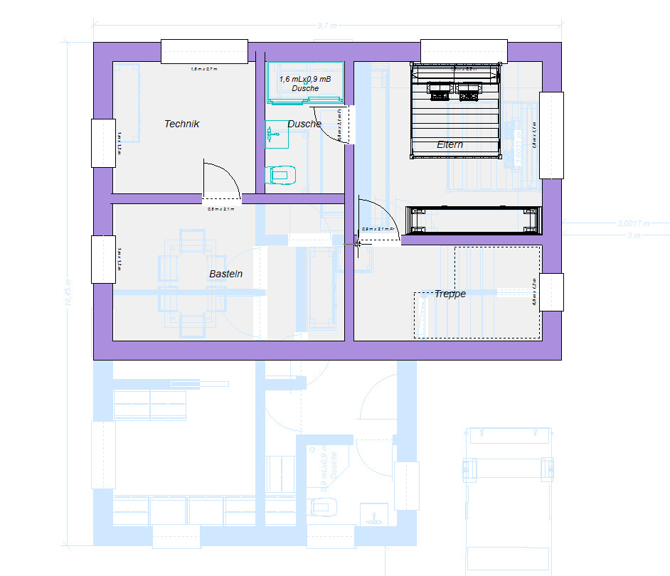 Grundriss eines Dachgeschosses mit Technik, Basteln, Dusche, Elternzimmer und Treppe