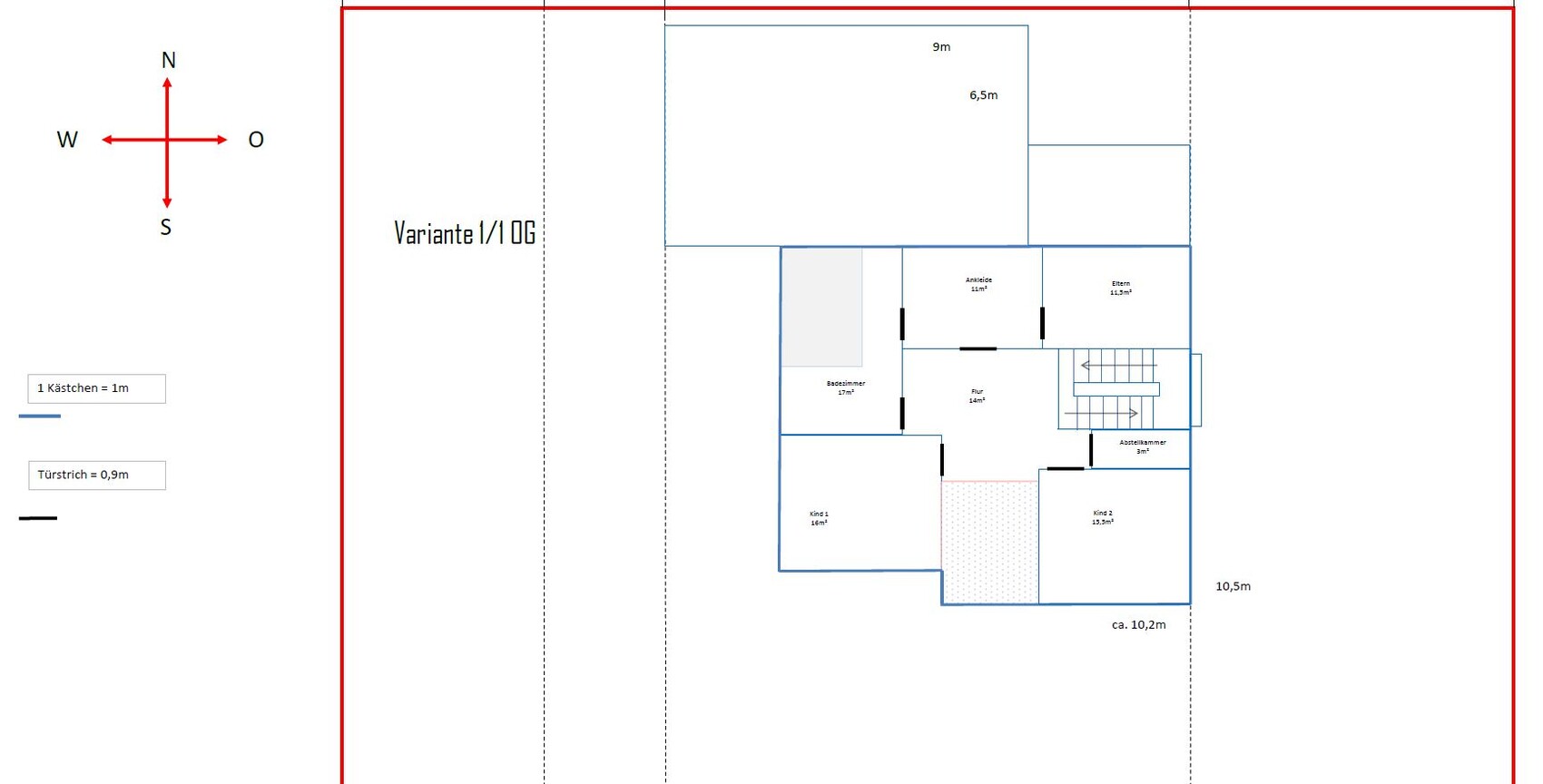 Grundriss eines Hauses mit Zimmern (Eltern, Kind 1, Kind 2), Bad, Flur, Ankleide; Maßangaben.