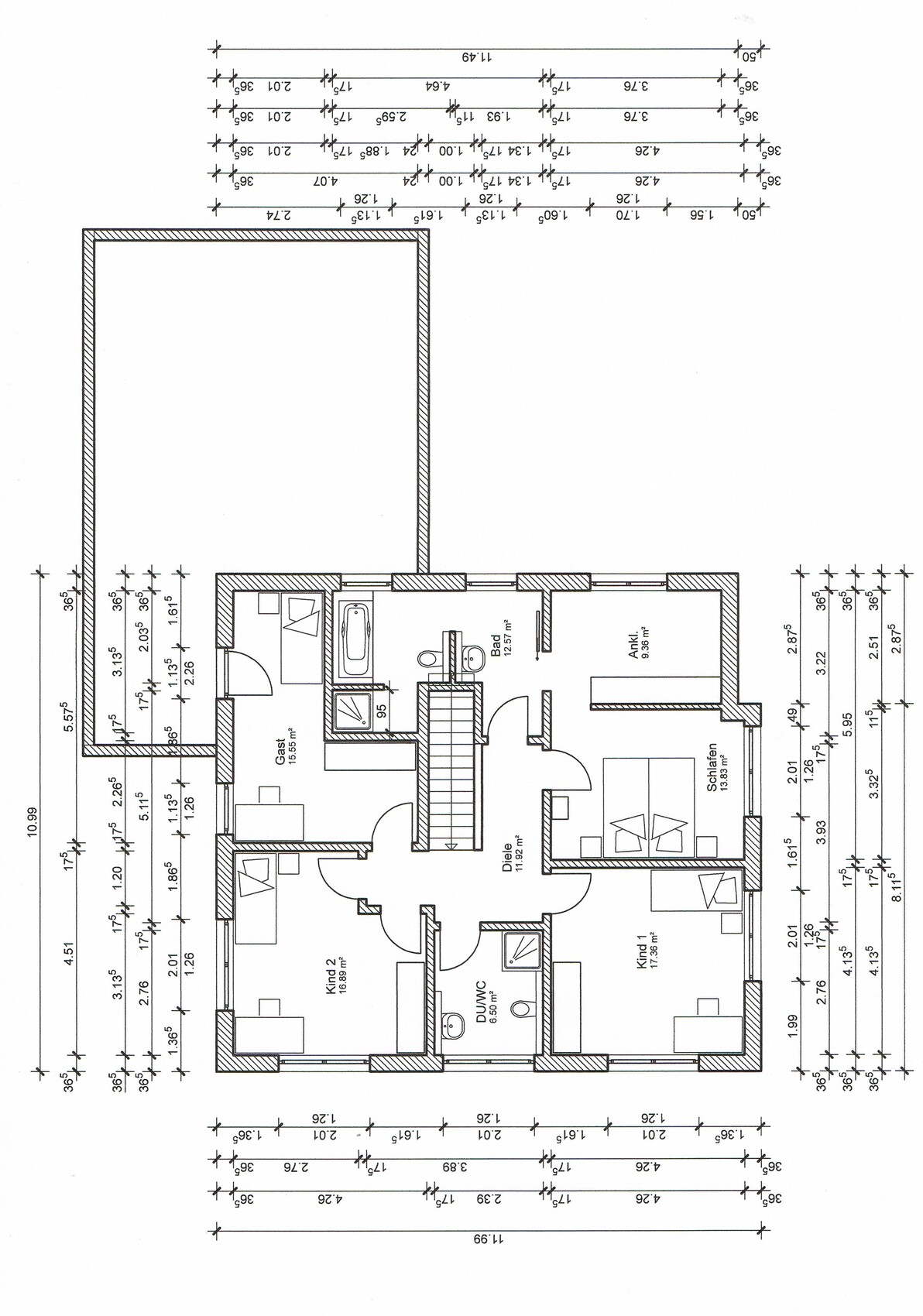 Obergeschoss Grundriss: Diele, Treppe, Bad, DU/WC, Gast, Schlafen, Kind 1, Kind 2.