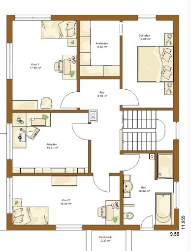 Grundriss eines Wohnhauses mit Schlafzimmer, Bad, zwei Kinderzimmer, Arbeitszimmer, Ankleide und Flur.