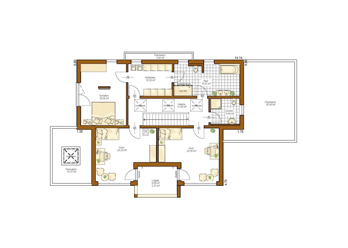 Grundriss einer Wohnung mit Schlafzimmer, zwei Kinderzimmern, Küche, Bad, Loggia.