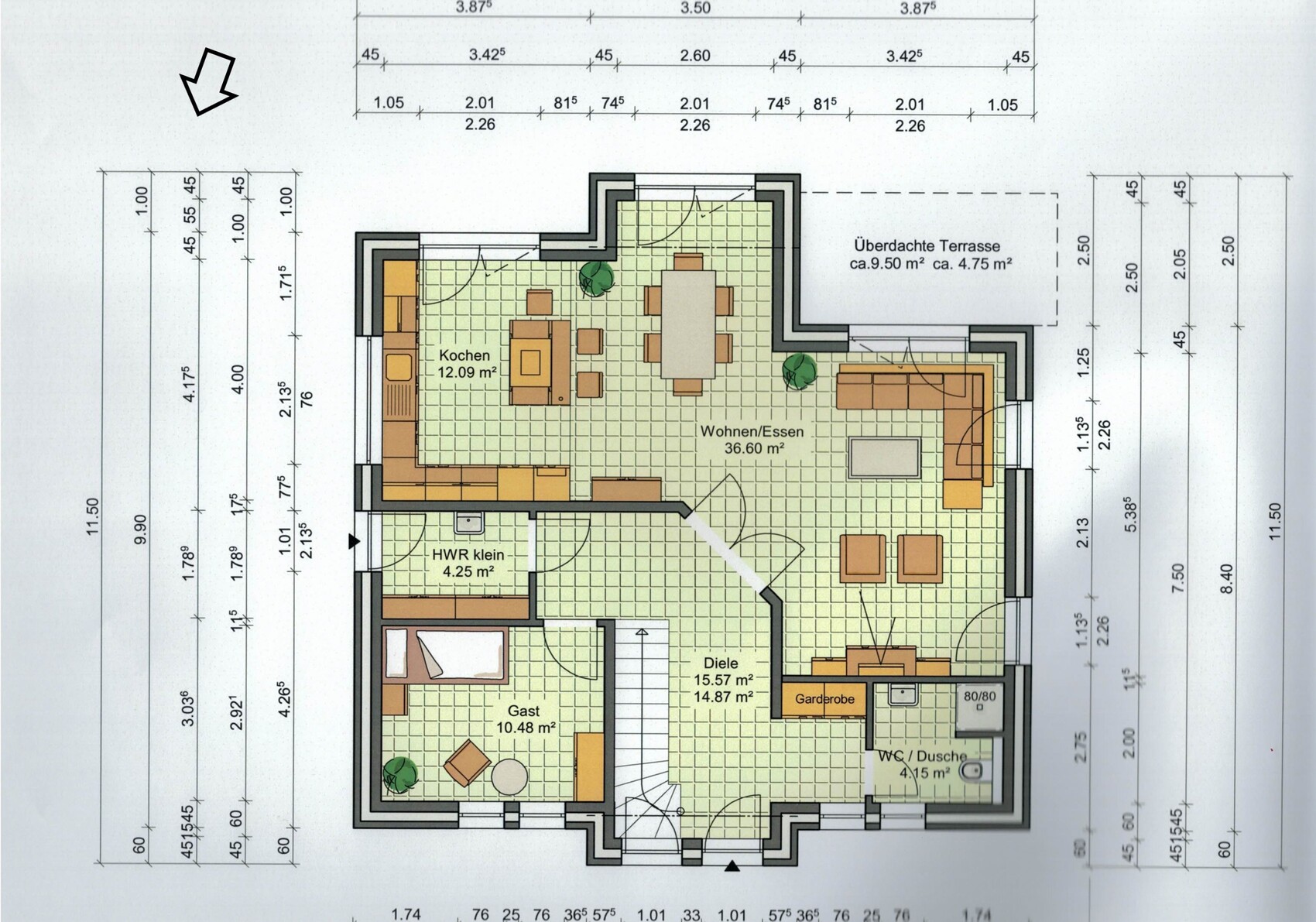 Grundriss eines Hauses mit Küche, Wohnen/Essen, Gast, Diele, HWR, Garderobe, WC/Dusche und Terrasse.