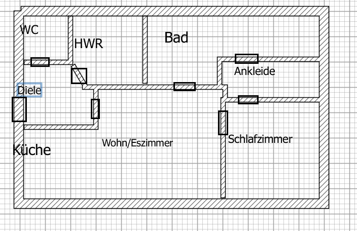 Grundriss einer Wohnung: Küche, Diele, Wohnzimmer/Esszimmer, Bad, WC, HWR, Schlafzimmer, Ankleide.