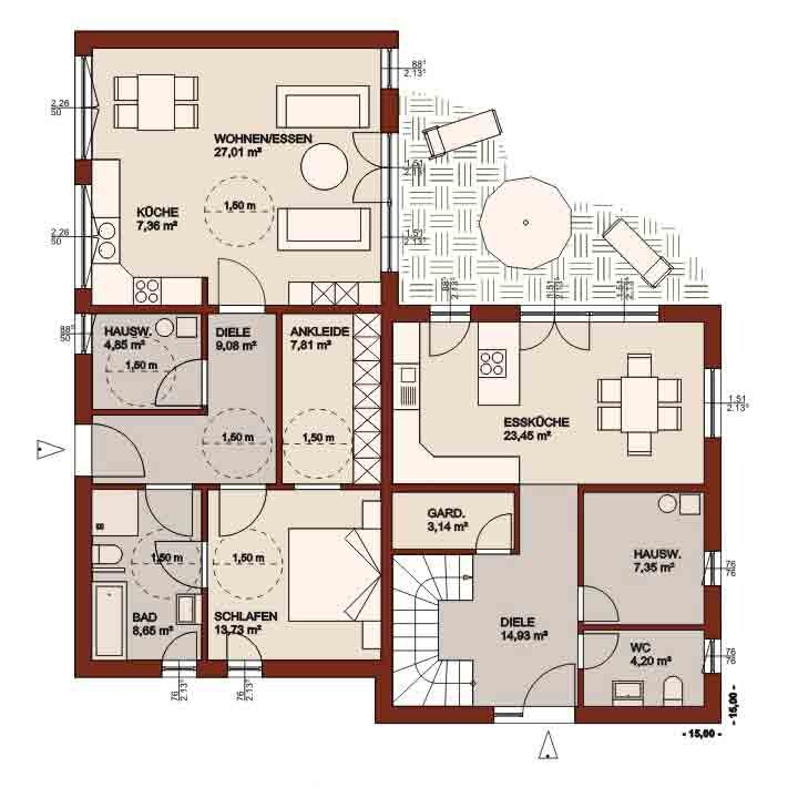 Grundriss eines Hauses: Küche, Wohnzimmer, Essküche, Schlafzimmer, Bad, Diele, Garderobe, Terrasse