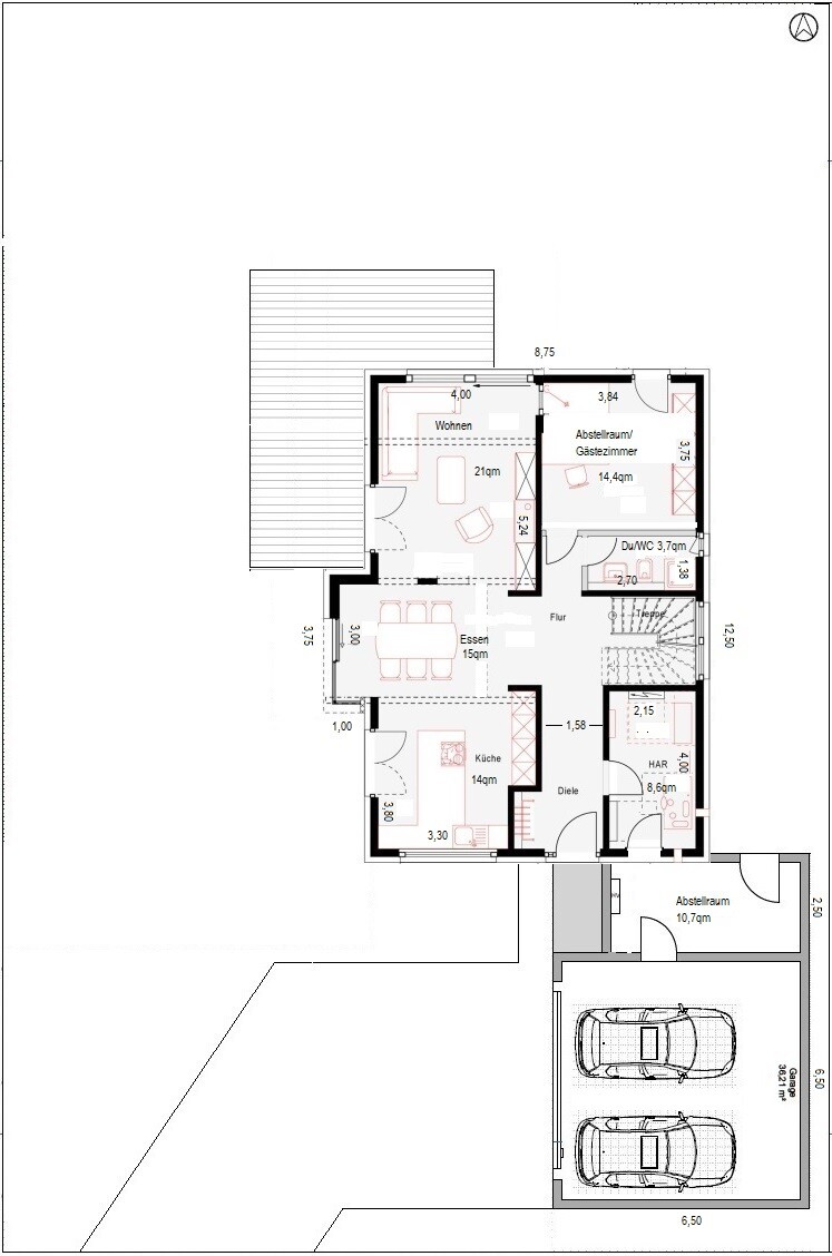 Grundriss eines Hauses, Erdgeschoss: Wohnen, Essen, Küche, Flur, Bad, Abstellräume, Garage