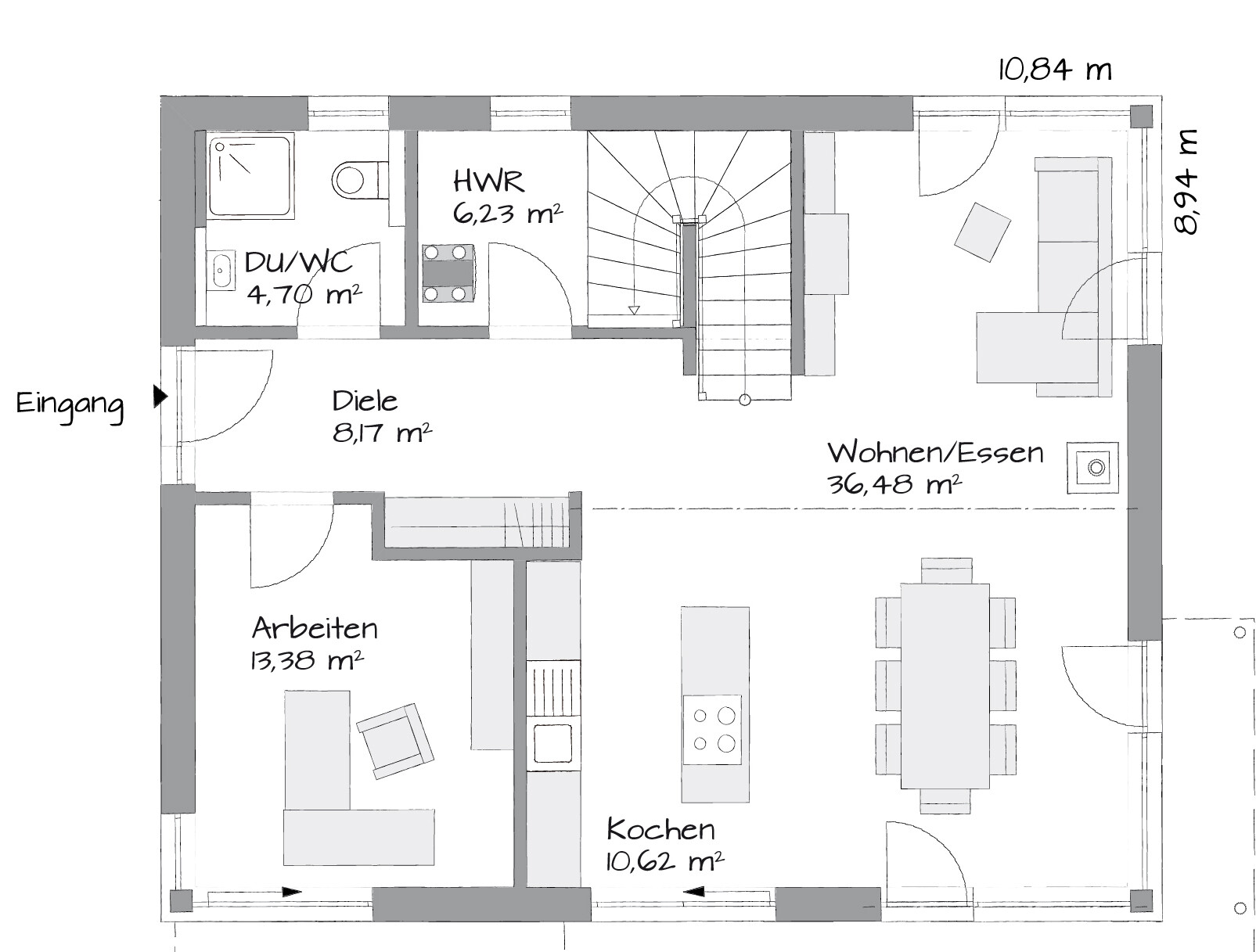 Grundriss eines Hauses: Eingang, Diele, DU/WC, HWR, Kochen, Arbeiten, Wohnen/Essen.