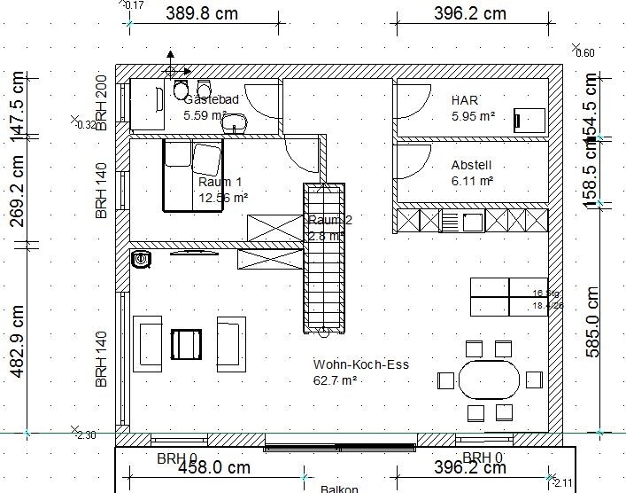 Grundriss eines Hauses: Offenes Wohn-Koch-Ess-Bereich, Schlafzimmer, HAR, Treppe und Balkon.