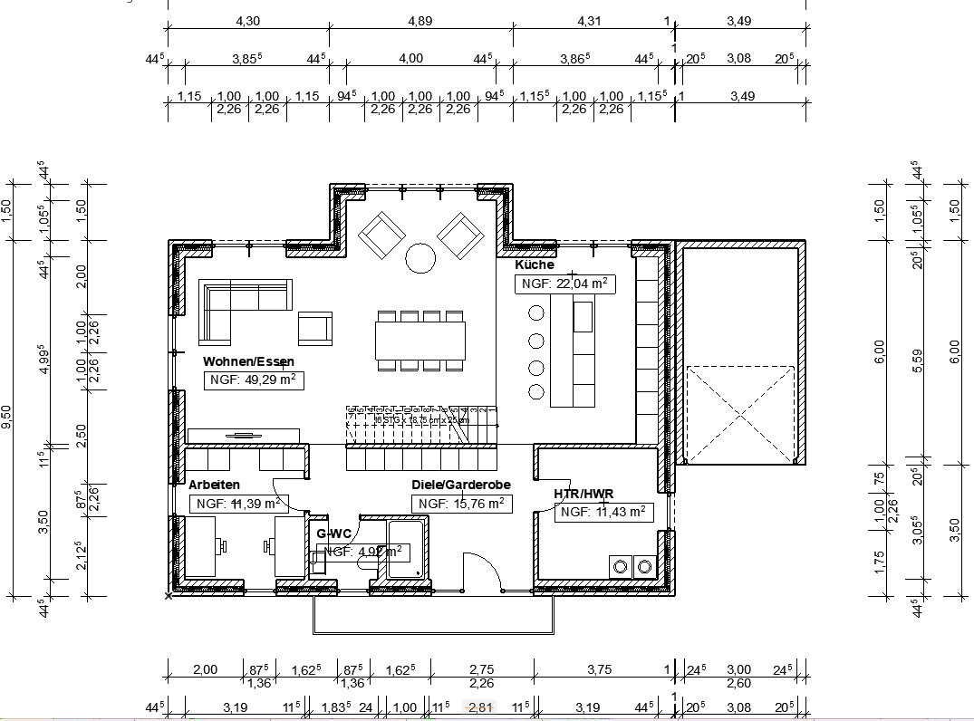 Grundriss Erdgeschoss: Wohnen/Essen, Küche, Diele/Garderobe, Arbeiten, HTR/HWR, WC.