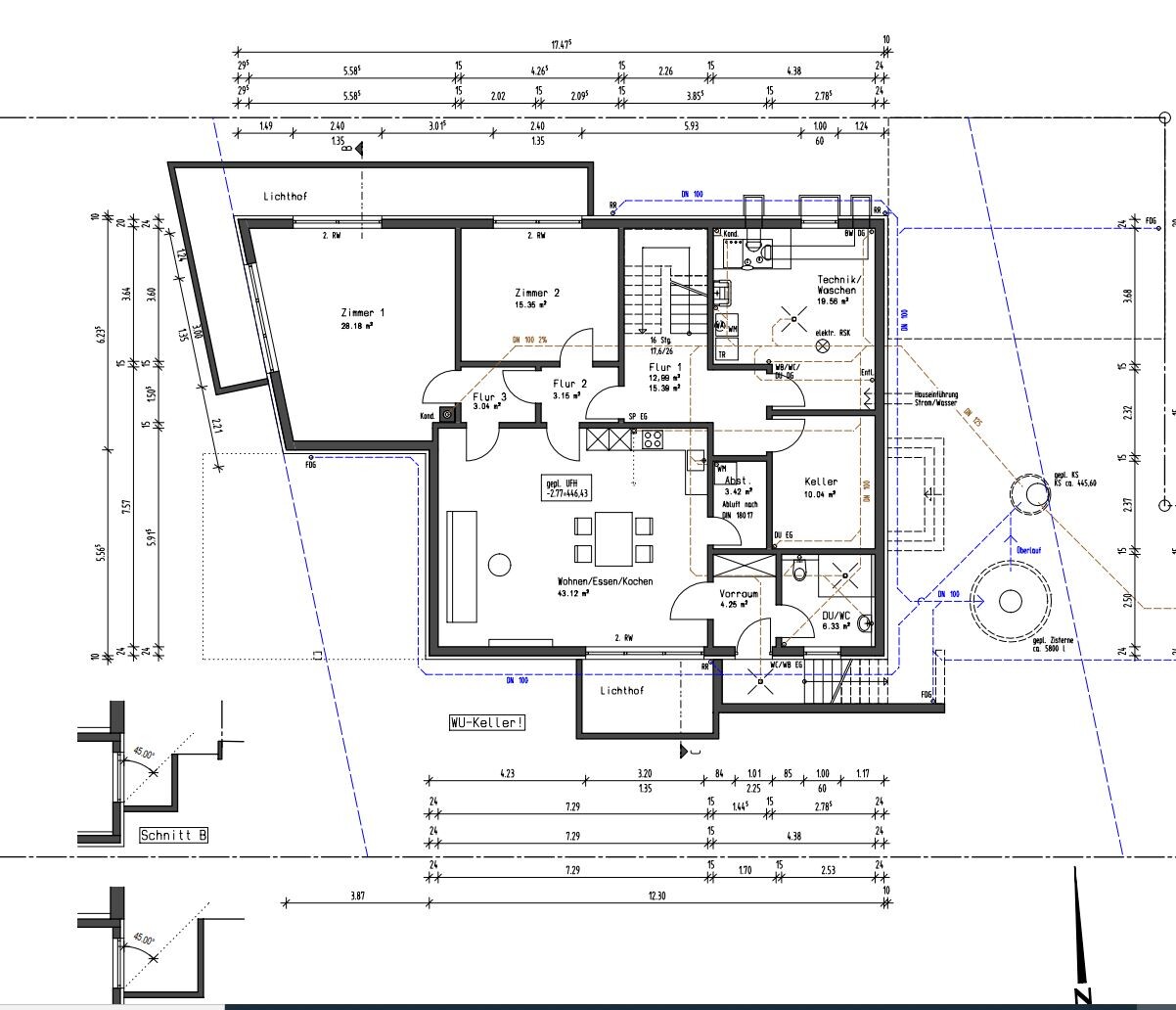 Grundriss eines Wohnhauses: Wohnzimmer, Küche, Flur, Zimmer 1, Zimmer 2, Keller, Technik/Wäsche