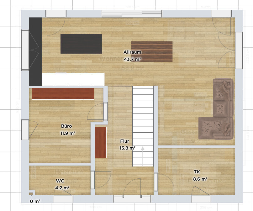 Grundriss eines Hauses: Allraum mit Sofa und Esstisch, Büro, Flur, Treppe, WC, Technikraum.