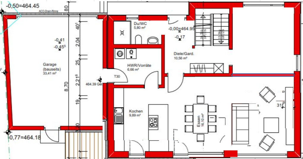 Grundriss eines Hauses: Garage links, Küche, Essen, Wohnzimmer, Diele, Treppe, HWR.