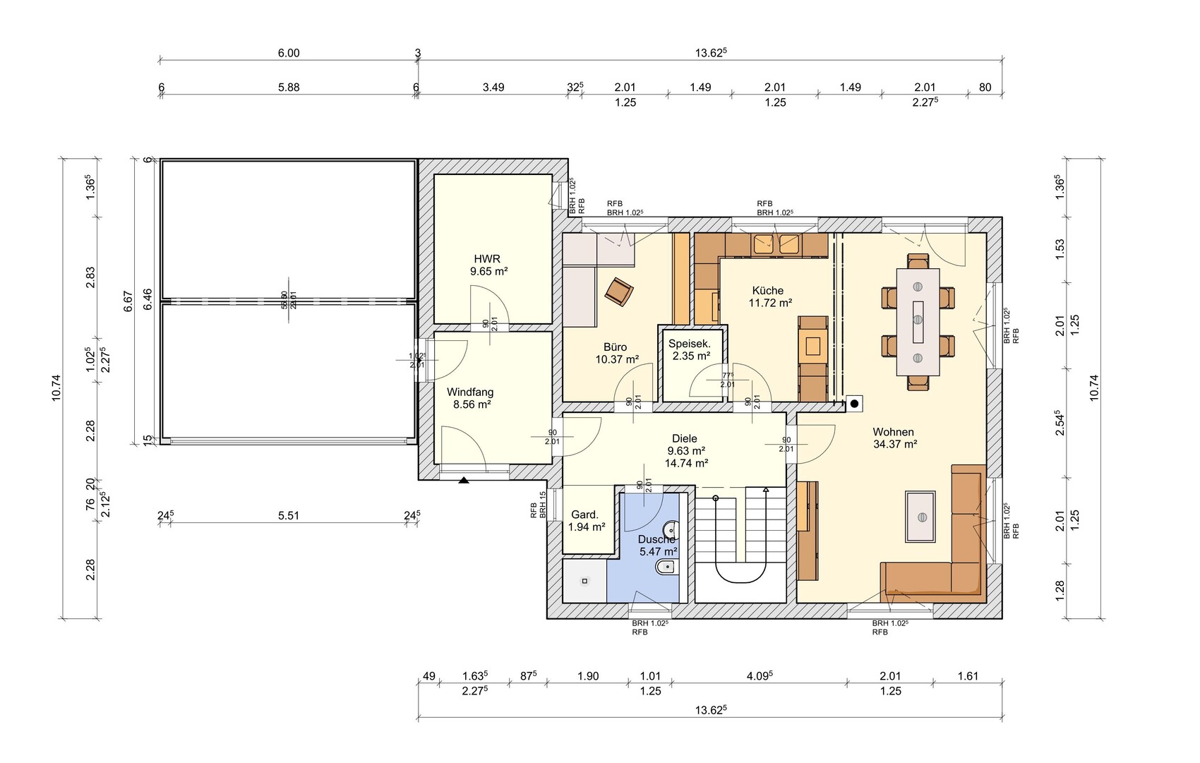 Grundriss eines Hauses: Wohnzimmer, Küche, Büro, Speisekammer, HWR, Garderobe, Garage.