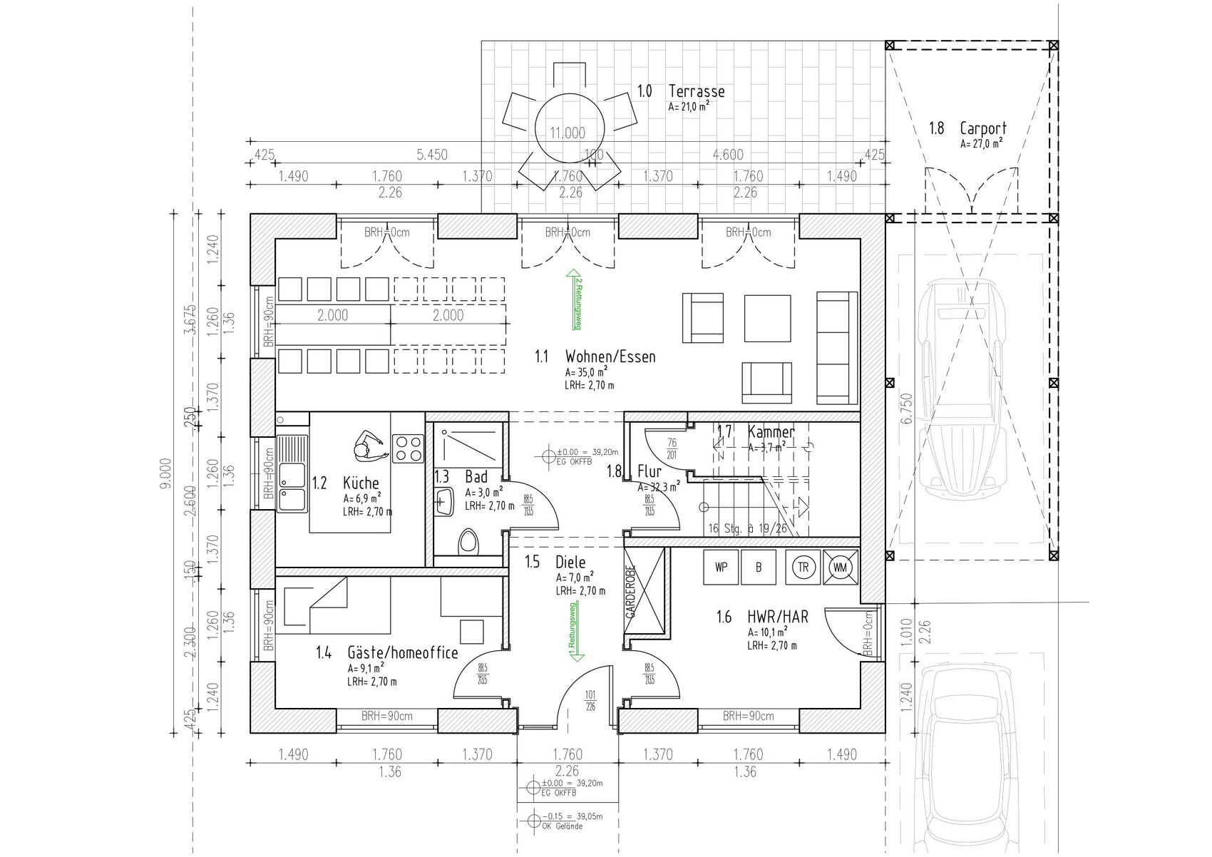 Grundriss eines Einfamilienhauses mit Wohn-/Essbereich, Küche, Bad, Flur, Carport und Terrasse.