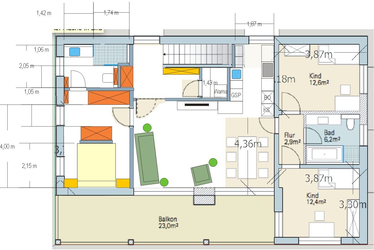 Grundriss einer Wohnung: Wohnzimmer, Küche, Balkon, Flur, Bad, 2 Kinderzimmer, Schlafzimmer.