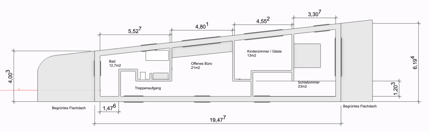Grundriss eines Gebäudes: Bad, Offenes Büro, Kinderzimmer, Schlafzimmer, Treppenaufgang, Flachdach