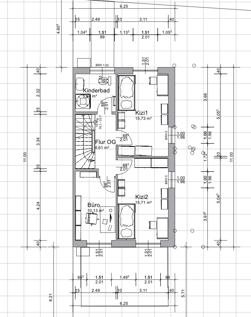 Grundriss OG: zwei Kinderzimmer, Büro, Flur, Kinderbad.