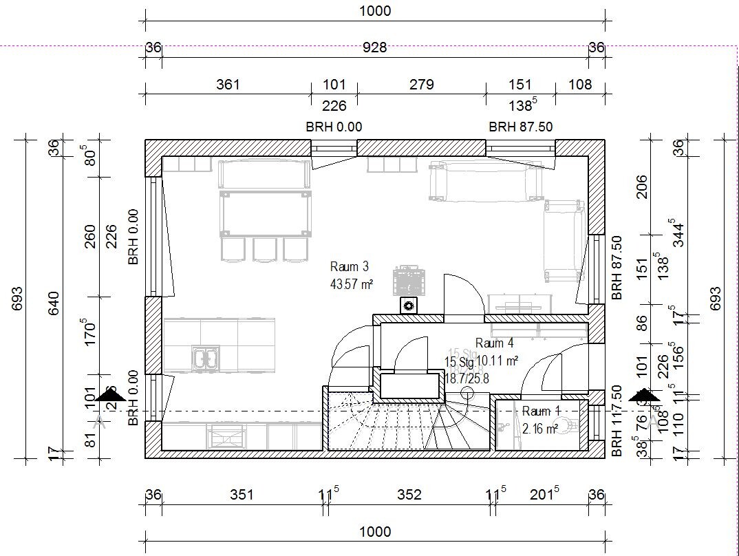 Grundriss eines Hauses: offener Wohnraum mit Küche, Esstisch, Treppe, Türen; Räume 3,4,1.