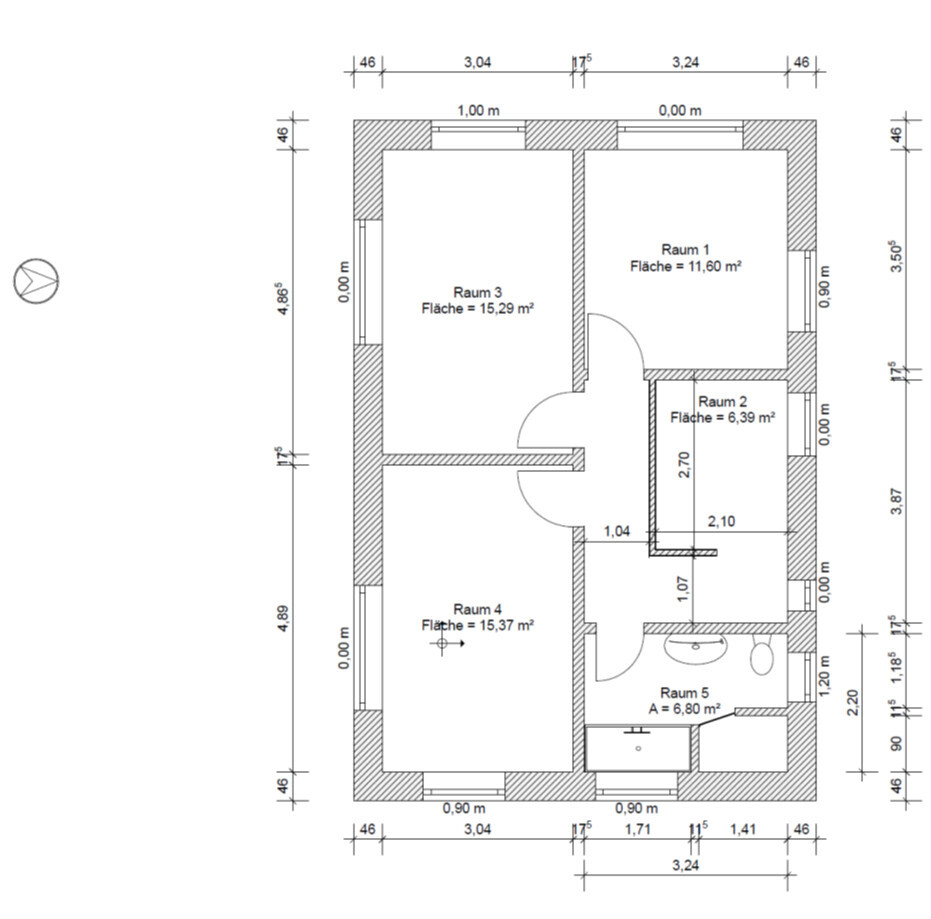 Grundriss eines Gebäudes mit fünf Räumen (Raum 1-5) und Flächenangaben in m².