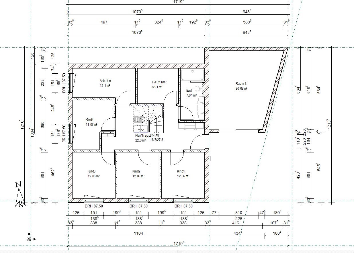 Grundriss Obergeschoss mit Arbeiten, HAR/HWR, Bad, Raum 3, Flur/Treppen, 4 Kinderzimmer.