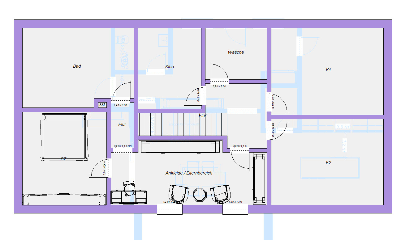 Grundriss eines Hauses mit zentraler Treppe, Bad, Wäsche, Flur, Ankleide/Elternbereich, K1 und K2.