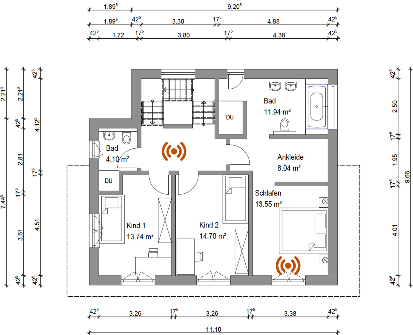 Grundriss eines Wohnhauses: Schlafen, Kind 1, Kind 2, Ankleide, zwei Bäder, Flur mit WLAN.