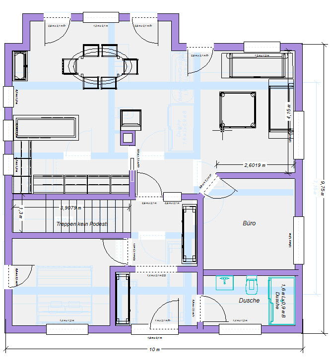 Grundriss eines Hauses: Büro, Bad mit Dusche, Treppenhaus, Wohnzimmer und Esstisch.