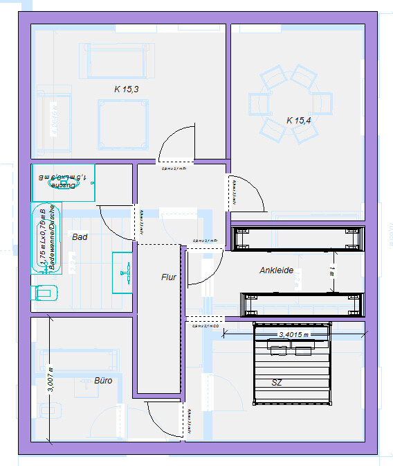 Grundriss eines Apartments mit Flur, Bad, Büro, Ankleide, Schlafzimmer, Küche/Essbereich, Wohnzimmer