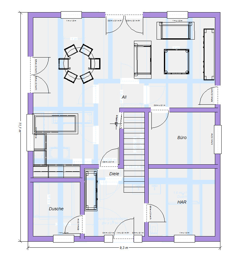 Grundriss: Büro, Diele, Dusche, HAR; runder Esstisch mit Stühlen, Treppen, Türen.