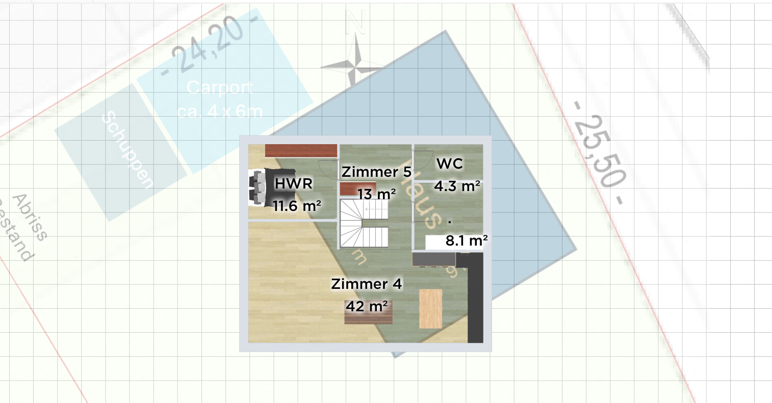 Obergeschoss-Grundriss mit Zimmer 4 (42 m²), Zimmer 5 (13 m²), HWR (11,6 m²) und WC (4,3 m²).